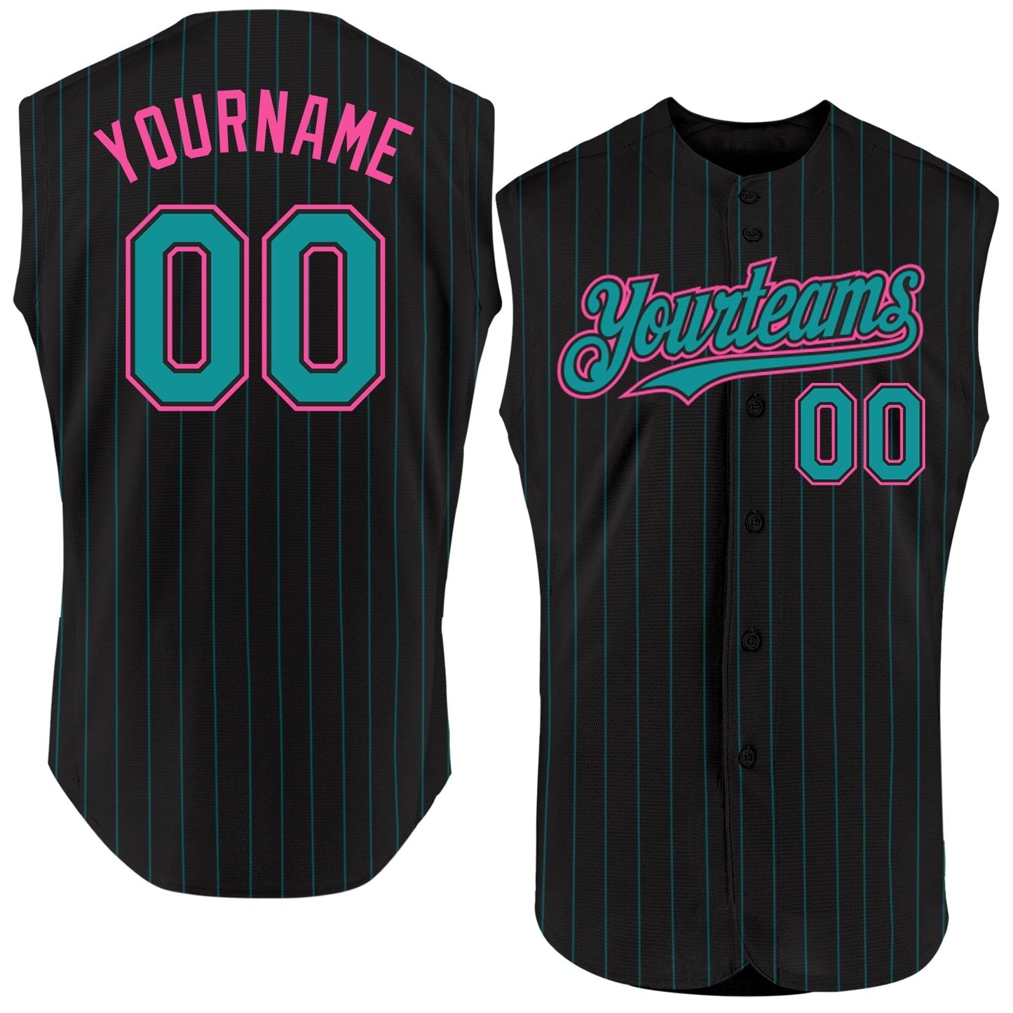 Custom Black Teal Pinstripe Pink Authentic Sleeveless Baseball Jersey baseball jersey product view 1