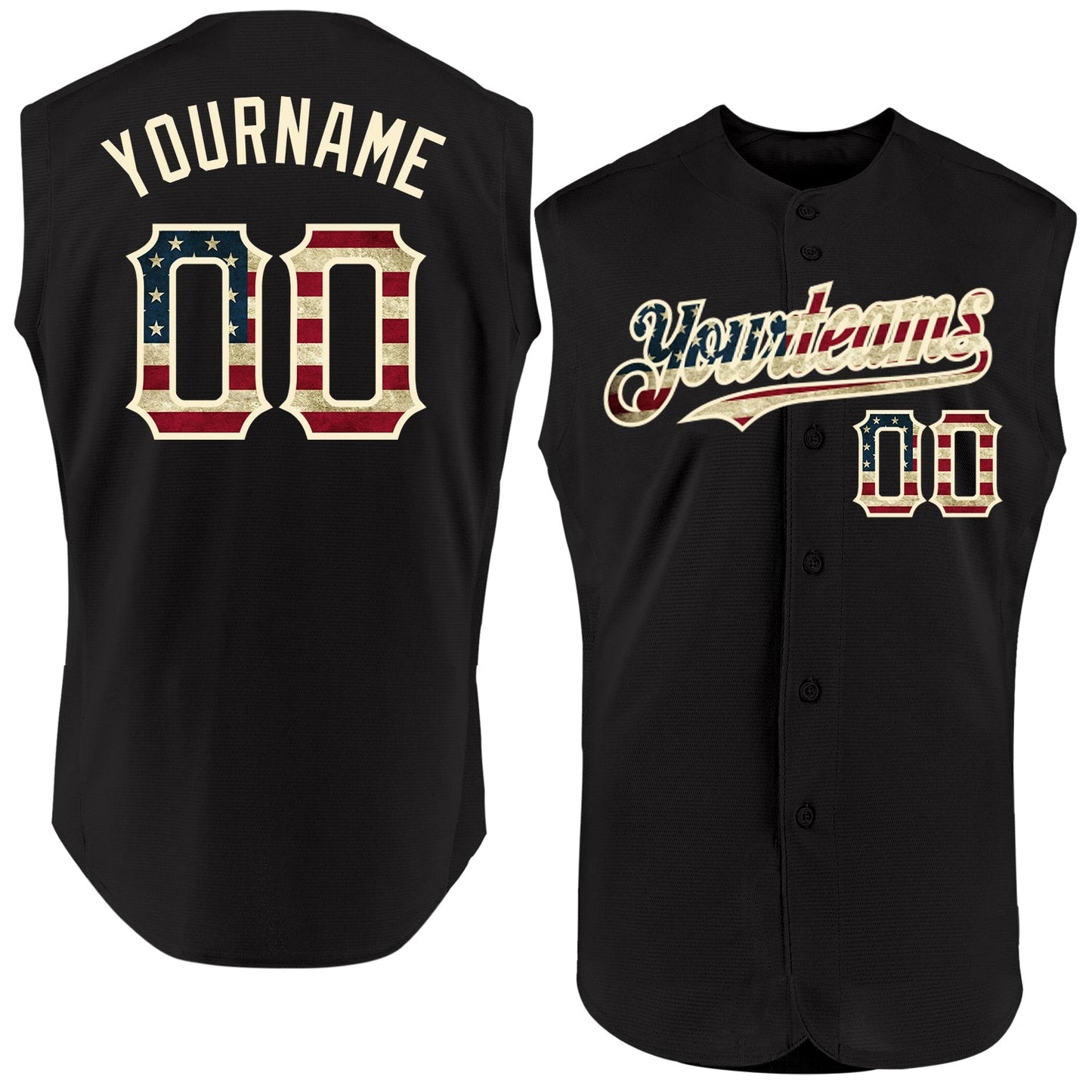 Custom Black Vintage USA Flag-Cream Authentic Sleeveless Baseball Jersey baseball jersey product view 1