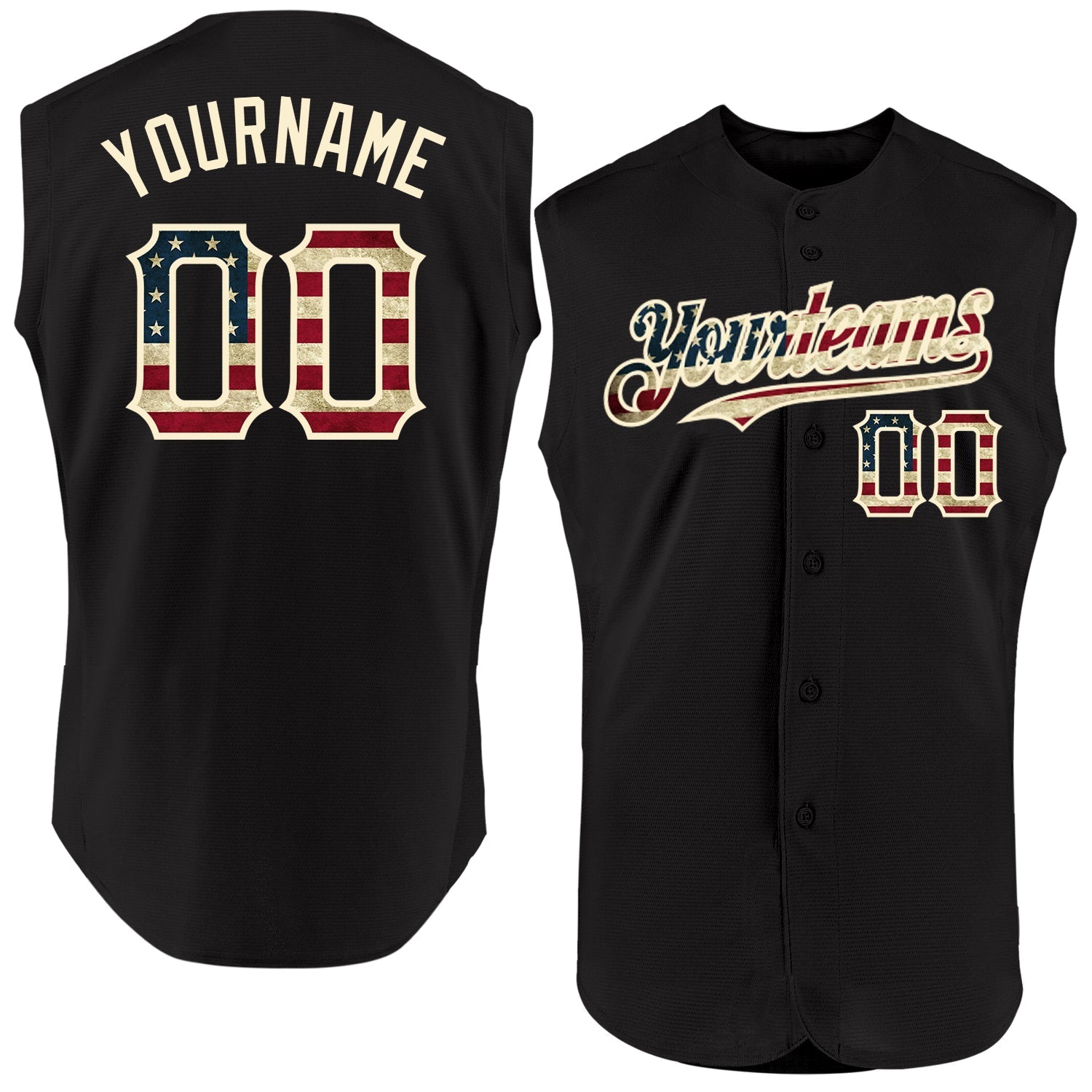 Custom Black Vintage USA Flag-Cream Authentic Sleeveless Baseball Jersey baseball jersey product view 1