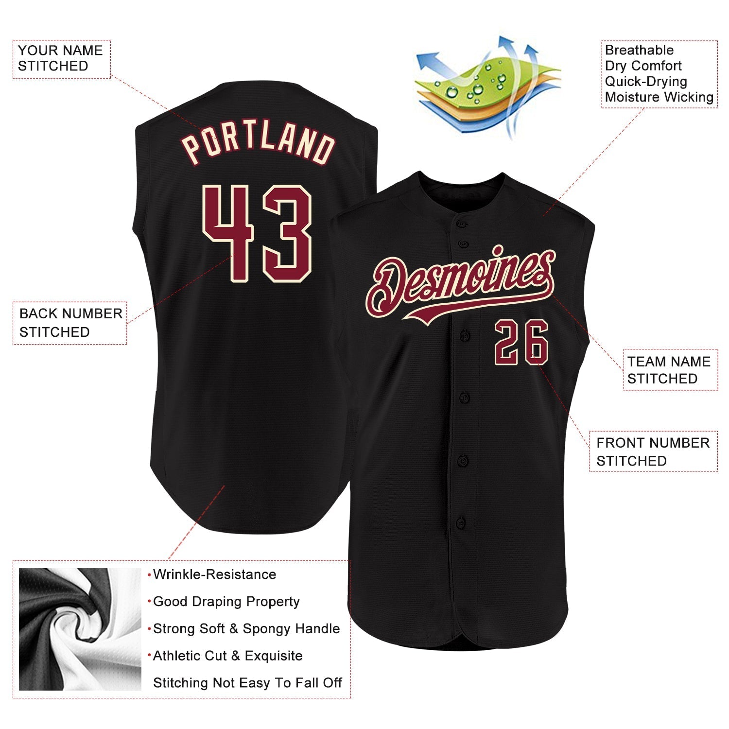 Custom Black Crimson-Cream Authentic Sleeveless Baseball Jersey baseball jersey product view 2