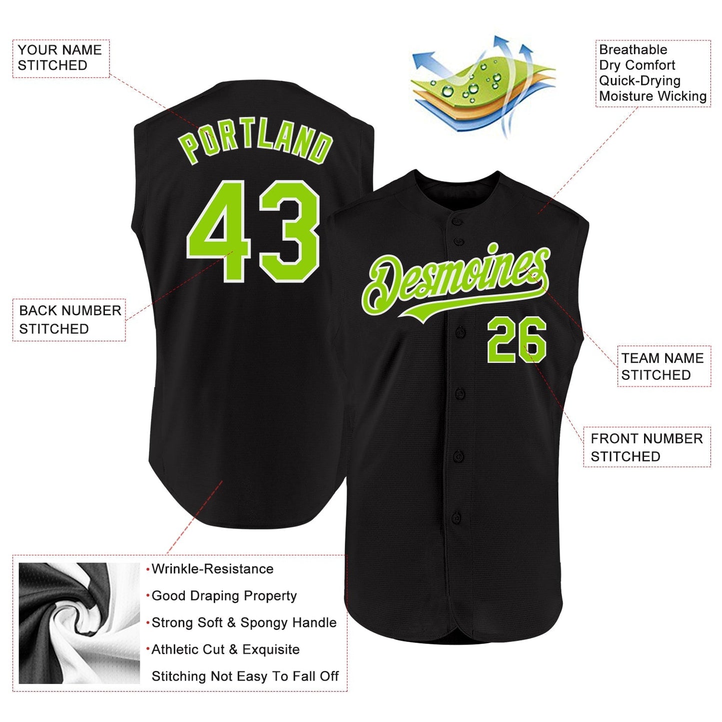 Custom Black Neon Green-White Authentic Sleeveless Baseball Jersey baseball jersey product view 2