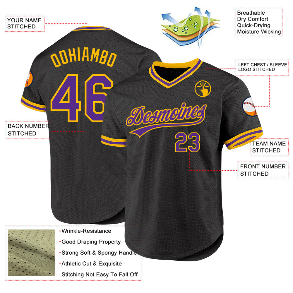 Custom Black Purple-Gold Authentic Throwback Baseball Jersey baseball jersey product view 3