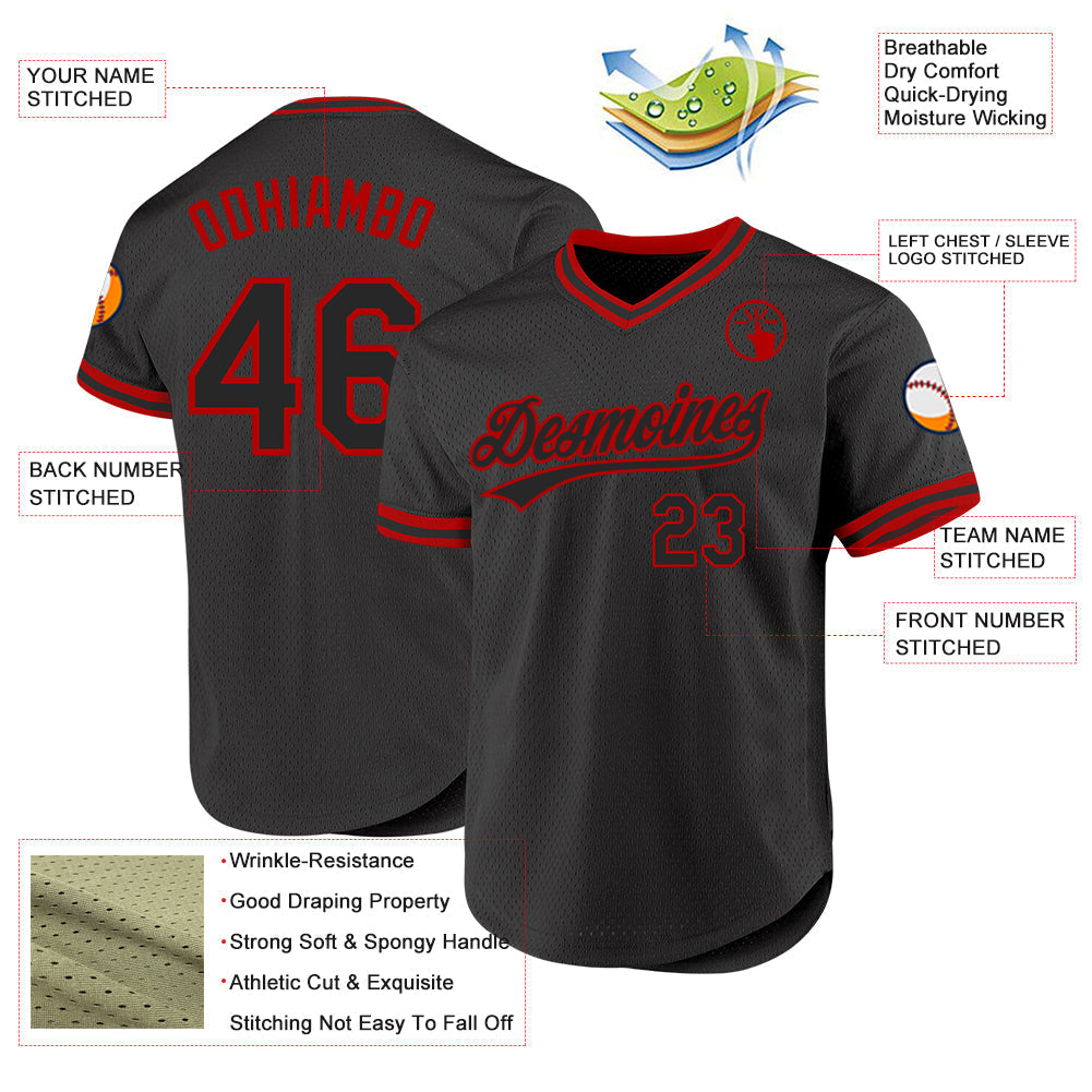 Custom Black Red Authentic Throwback Baseball Jersey baseball jersey product view 3