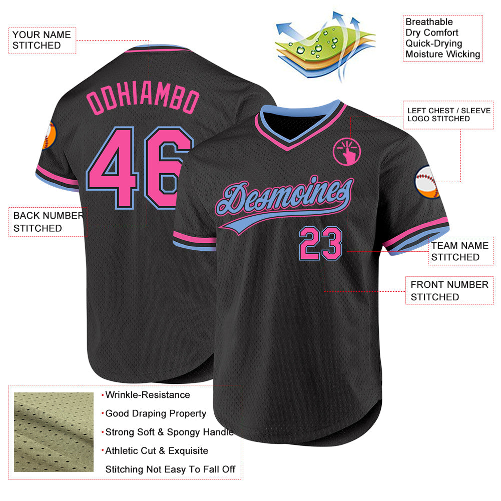Custom Black Pink-Light Blue Authentic Throwback Baseball Jersey baseball jersey product view 3
