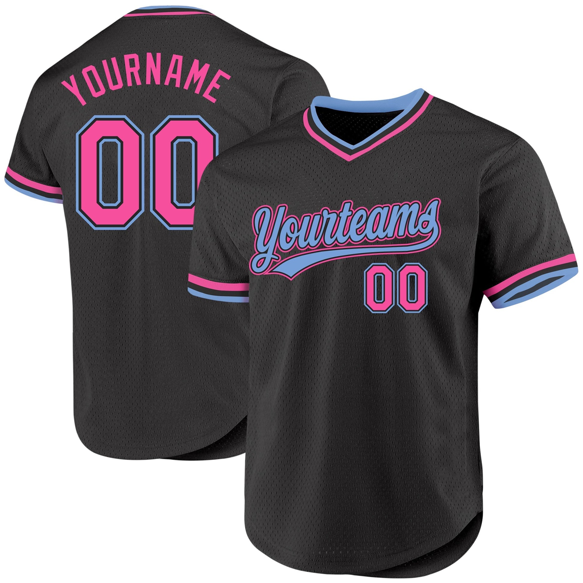 Custom Black Pink-Light Blue Authentic Throwback Baseball Jersey baseball jersey product view 1