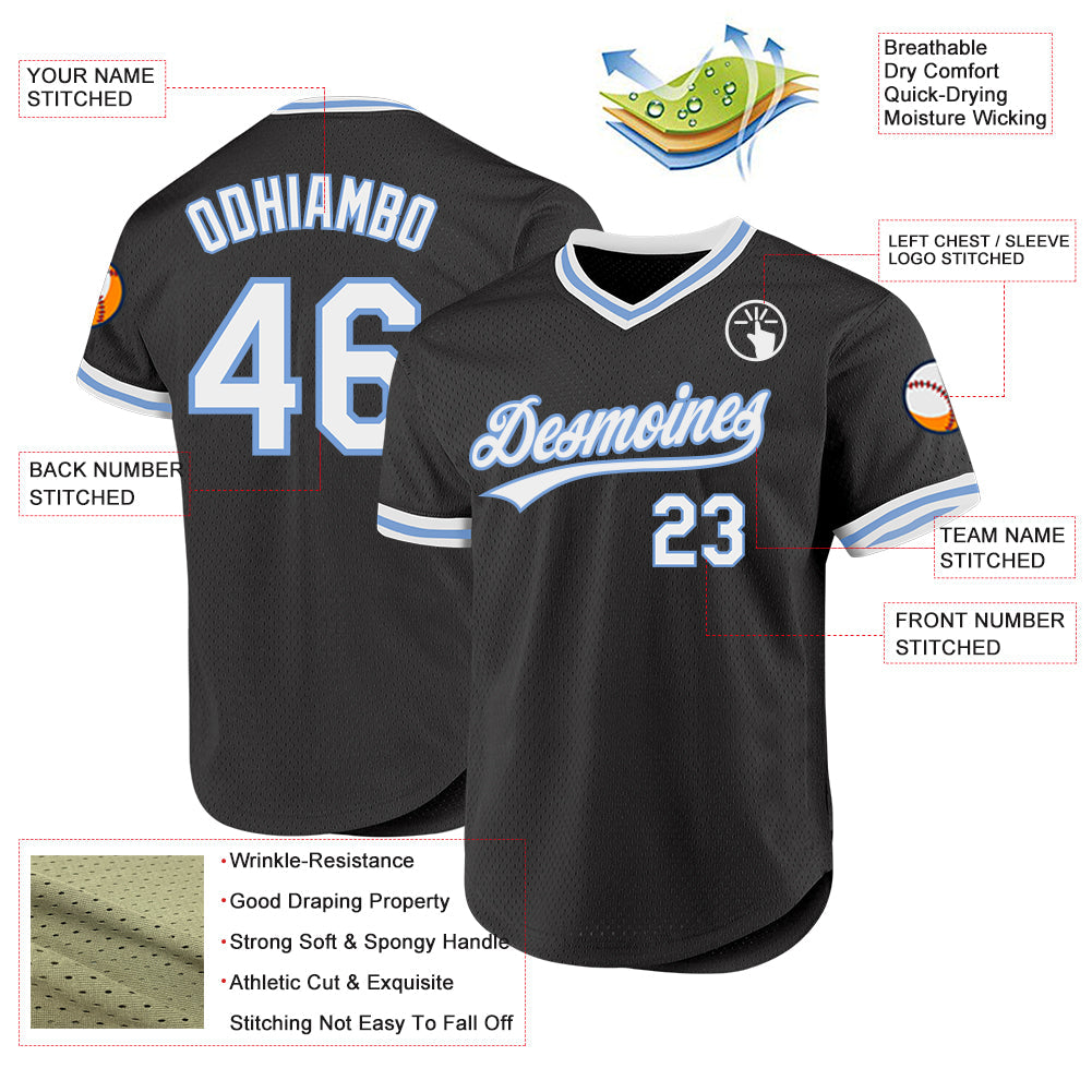 Custom Black White-Light Blue Authentic Throwback Baseball Jersey baseball jersey product view 3