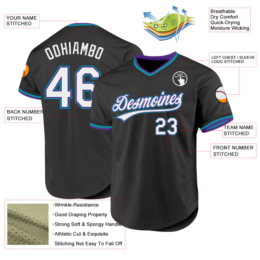 Custom Black Purple-Teal Authentic Throwback Baseball Jersey baseball jersey product view 3