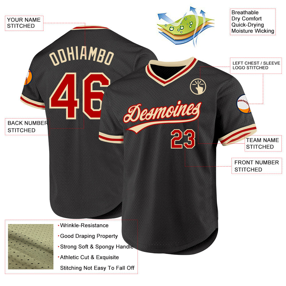 Custom Black Red-Cream Authentic Throwback Baseball Jersey baseball jersey product view 3
