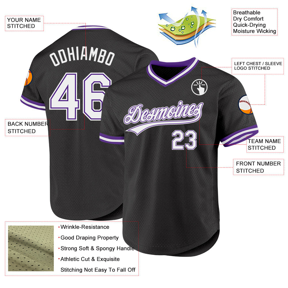 Custom Black White-Purple Authentic Throwback Baseball Jersey baseball jersey product view 3