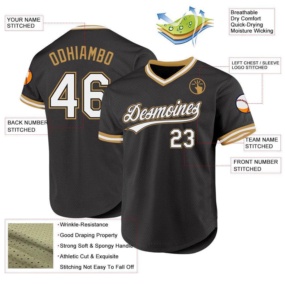 Custom Black White-Old Gold Authentic Throwback Baseball Jersey baseball jersey product view 3