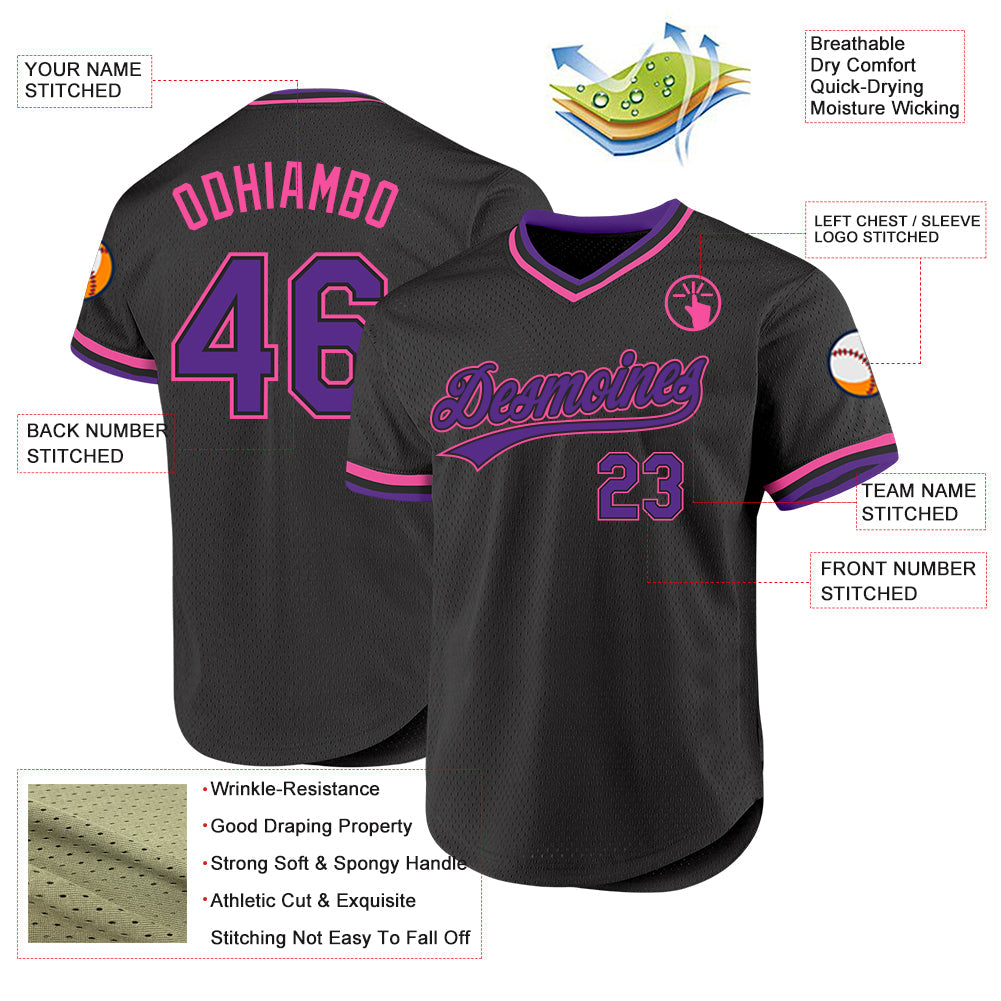 Custom Black Purple-Pink Authentic Throwback Baseball Jersey baseball jersey product view 3