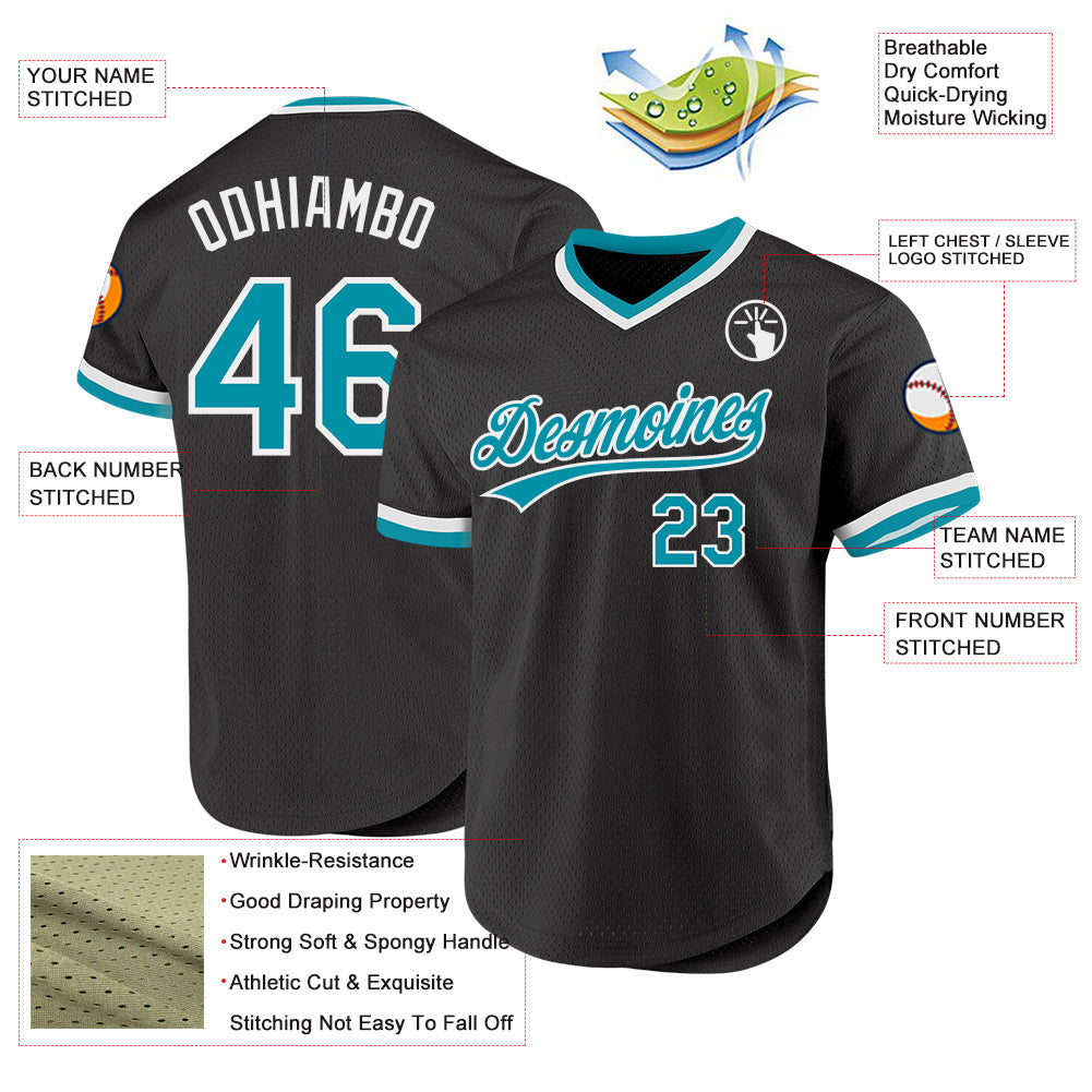 Custom Black Teal-White Authentic Throwback Baseball Jersey baseball jersey product view 3