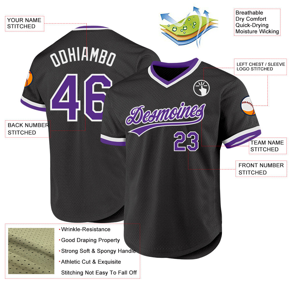 Custom Black Purple-White Authentic Throwback Baseball Jersey baseball jersey product view 3