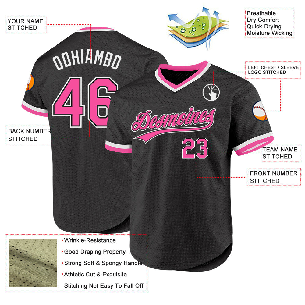 Custom Black Pink-White Authentic Throwback Baseball Jersey baseball jersey product view 3