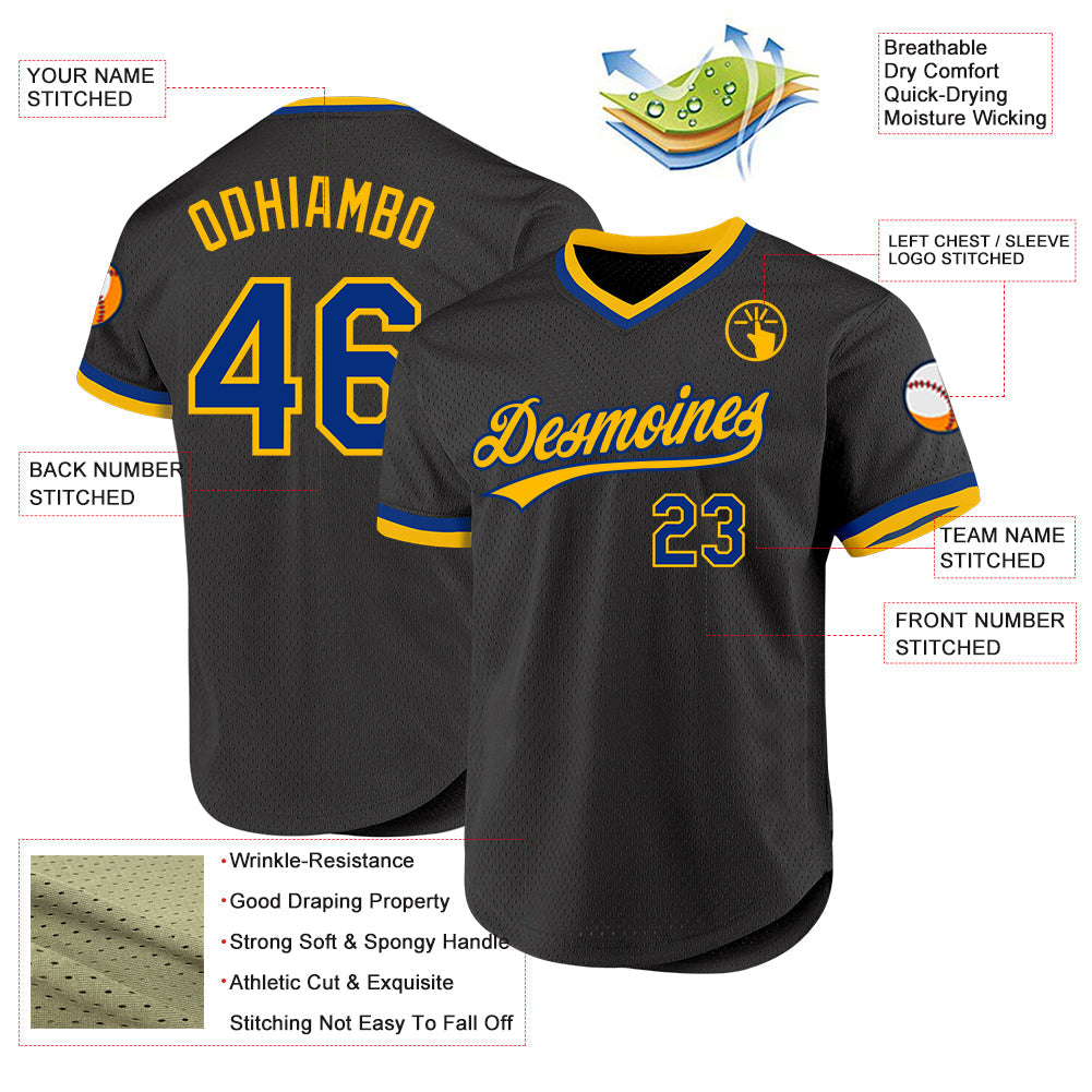 Custom Black Royal-Gold Authentic Throwback Baseball Jersey baseball jersey product view 3