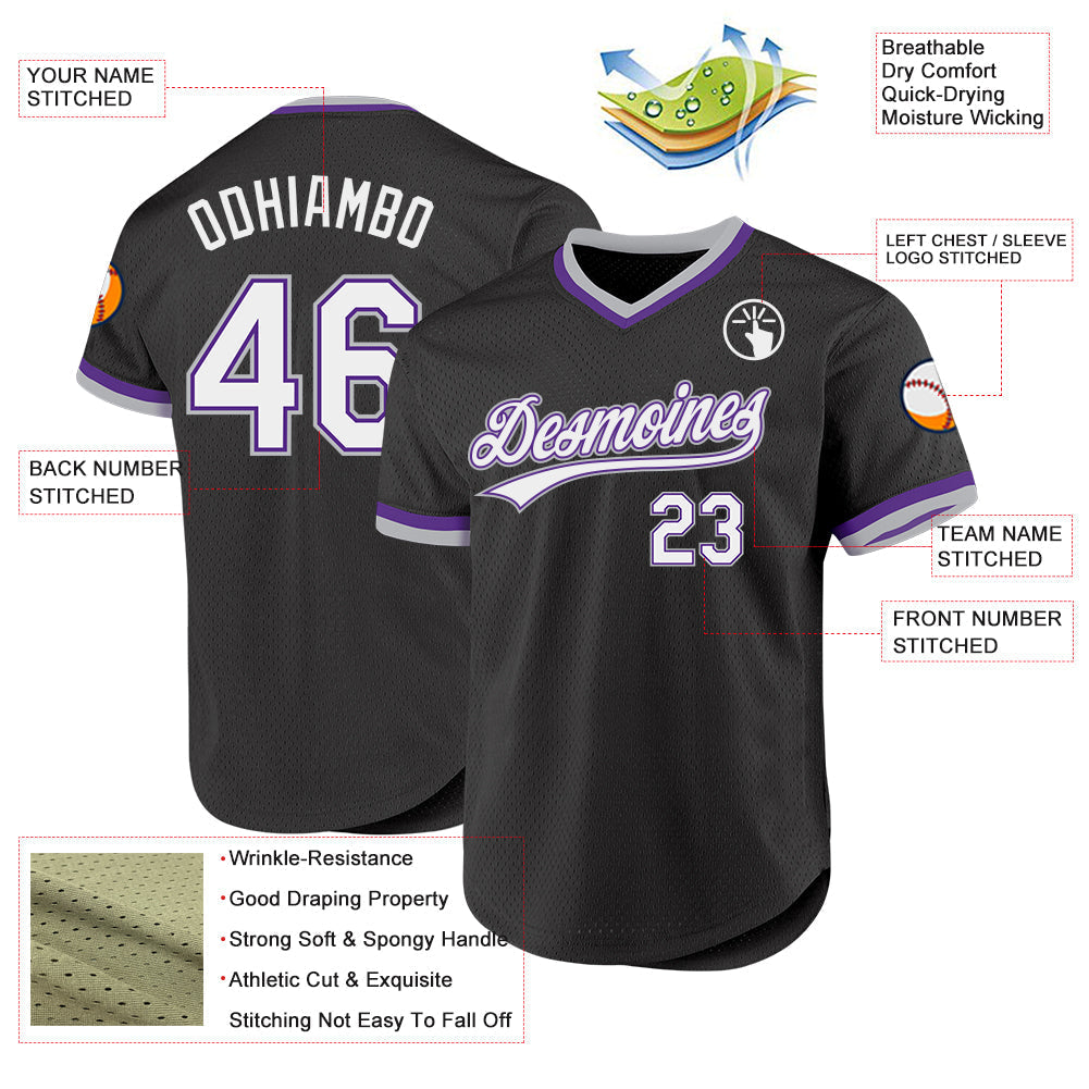 Custom Black Purple-Gray Authentic Throwback Baseball Jersey baseball jersey product view 3
