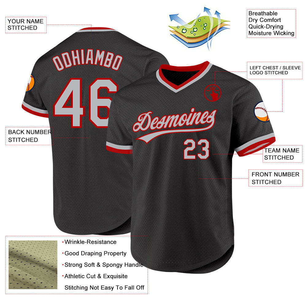 Custom Black Gray-Red Authentic Throwback Baseball Jersey baseball jersey product view 3