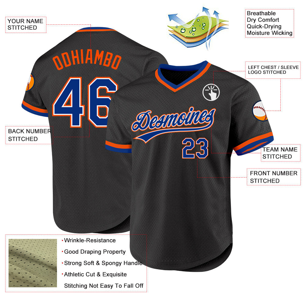 Custom Black Royal-Orange Authentic Throwback Baseball Jersey baseball jersey product view 3