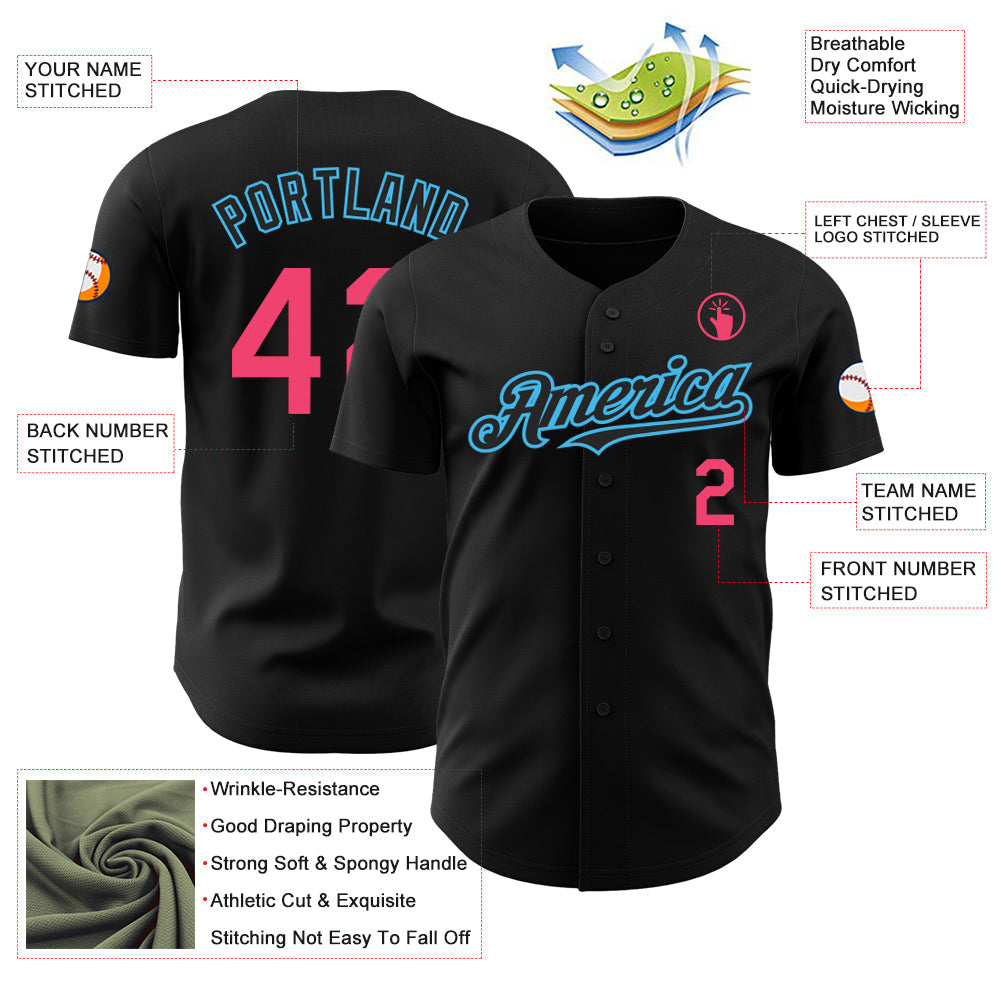 Custom Black Neon Pink-Sky Blue Authentic Baseball Jersey baseball jersey product view 3