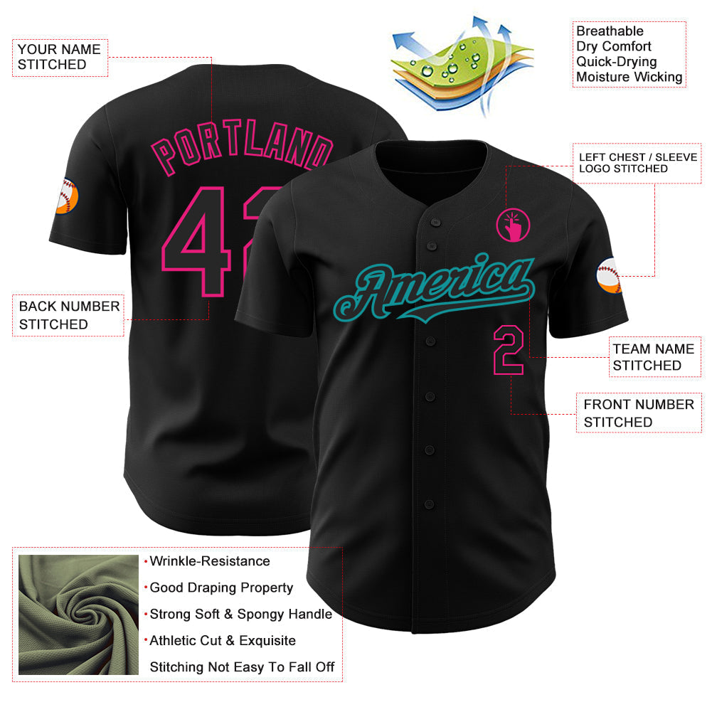 Custom Black Hot Pink-Teal Authentic Baseball Jersey baseball jersey product view 3