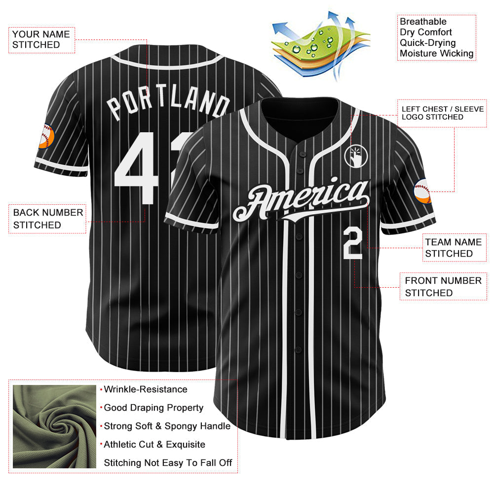 Custom Black White Pinstripe Authentic Baseball Jersey baseball jersey product view 3