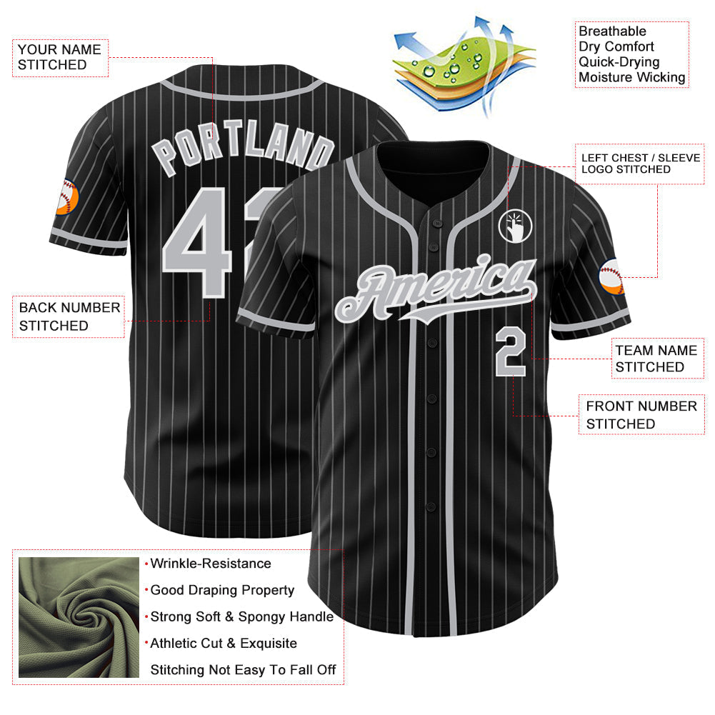 Custom Black Gray Pinstripe White Authentic Baseball Jersey baseball jersey product view 3