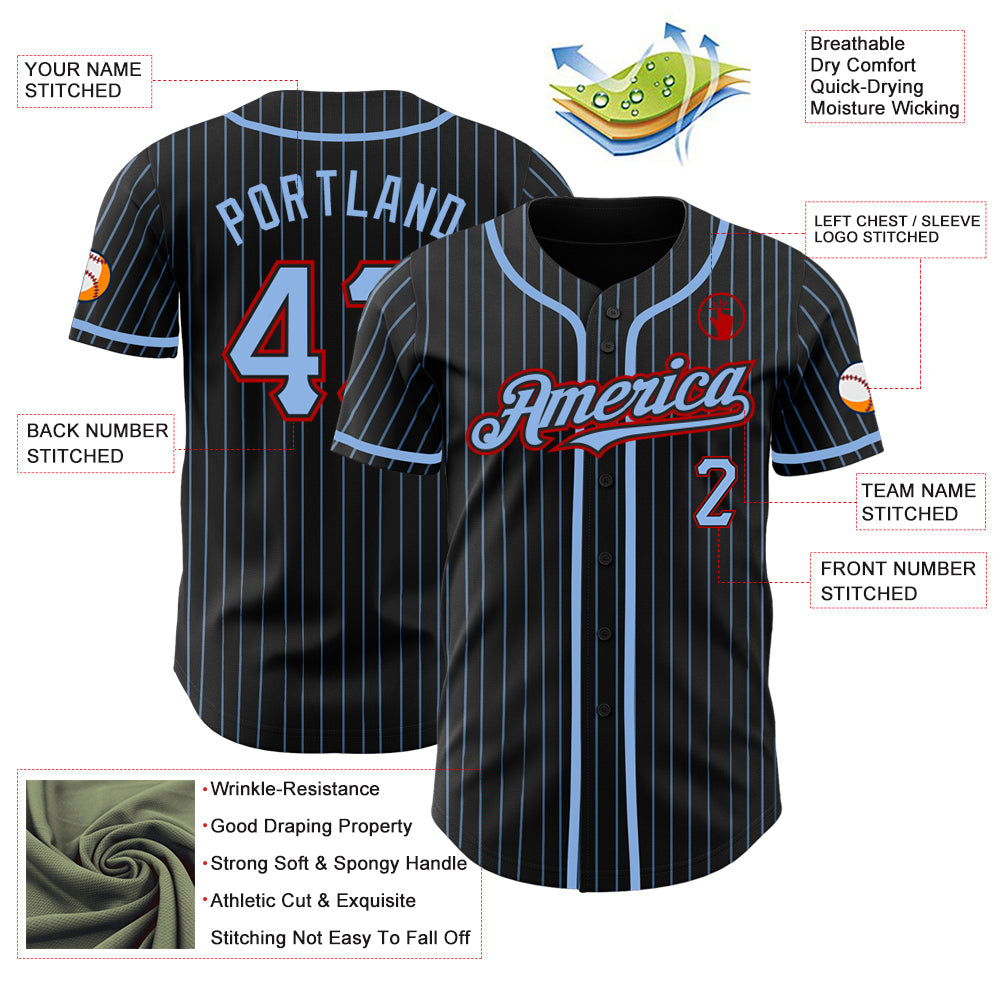 Custom Black Light Blue Pinstripe Red Authentic Baseball Jersey baseball jersey product view 3
