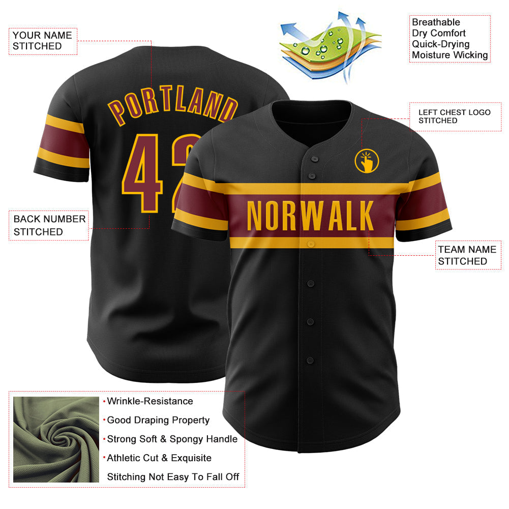Custom Black Burgundy-Gold Authentic Baseball Jersey baseball jersey product view 3