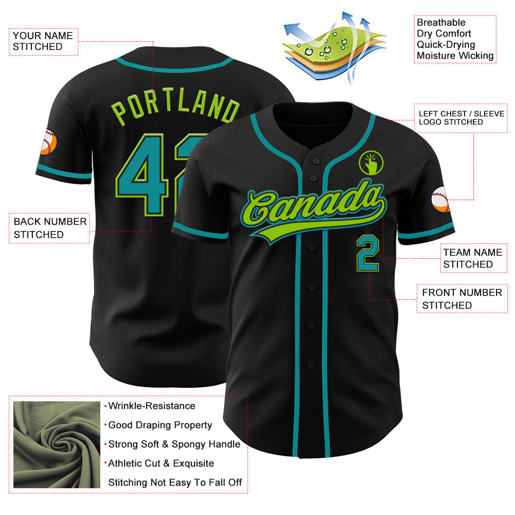 Custom Black Teal-Neon Green Authentic Baseball Jersey baseball jersey product view 3