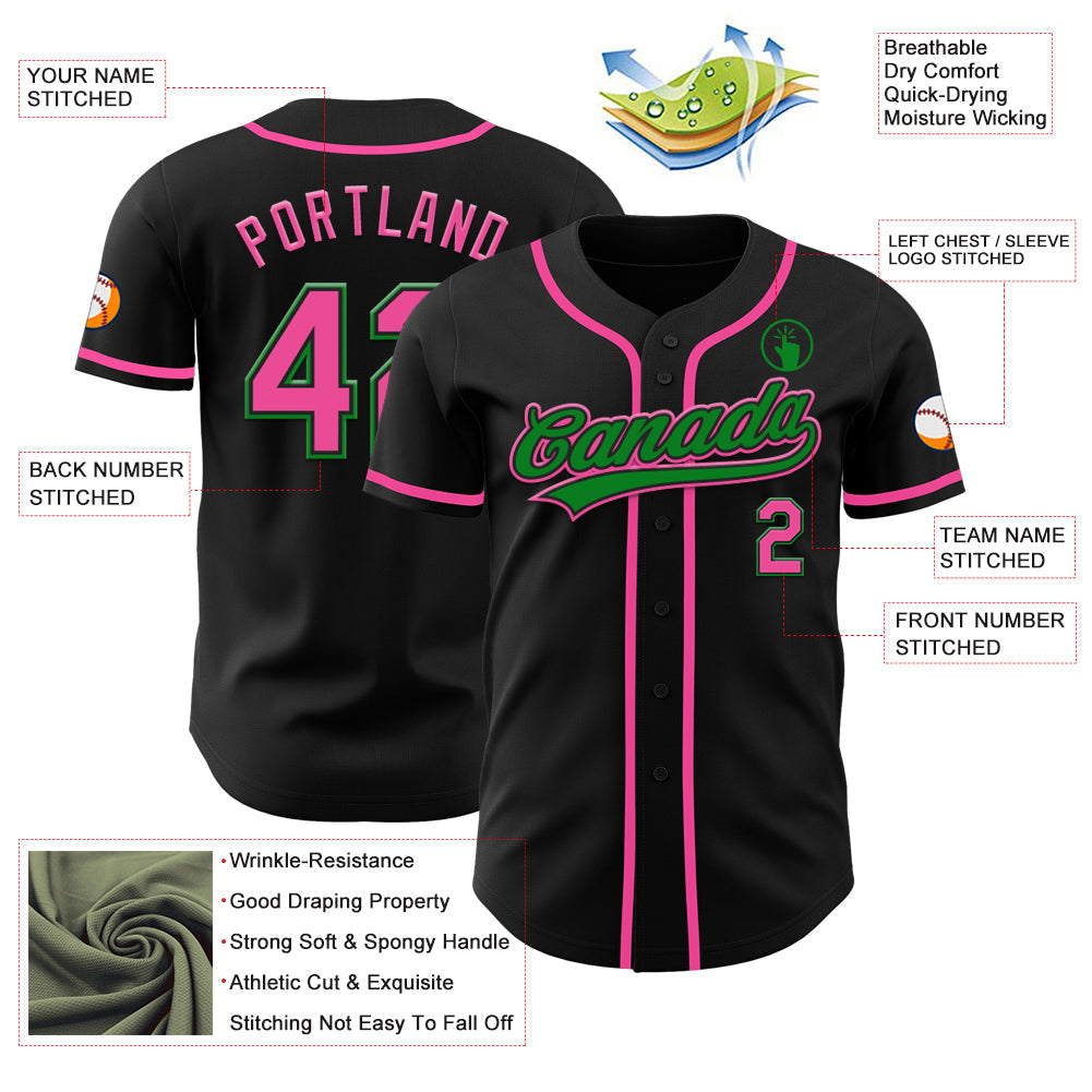 Custom Black Pink-Grass Green Authentic Baseball Jersey baseball jersey product view 3