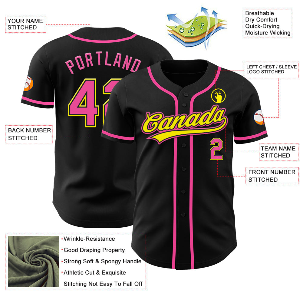 Custom Black Pink-Light Yellow Authentic Baseball Jersey baseball jersey product view 3