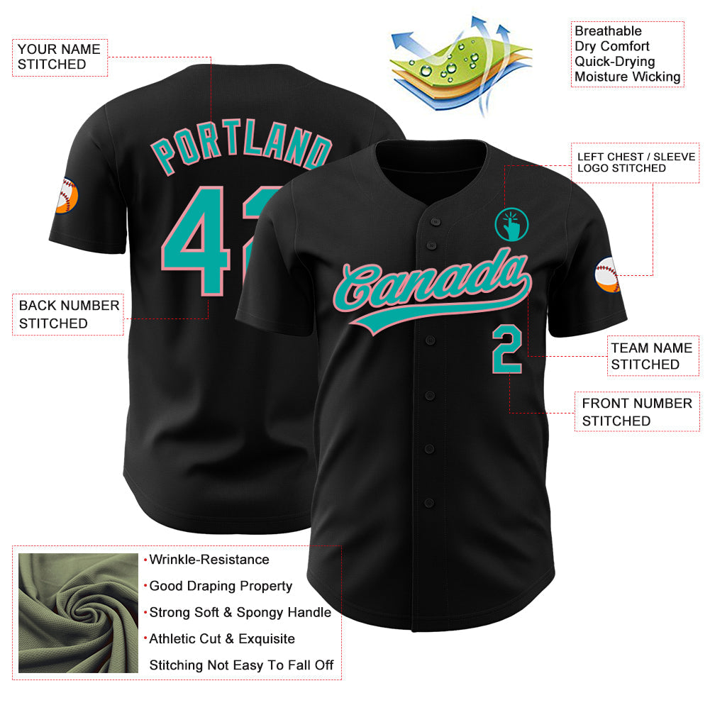 Custom Black Aqua-Medium Pink Authentic Baseball Jersey baseball jersey product view 3
