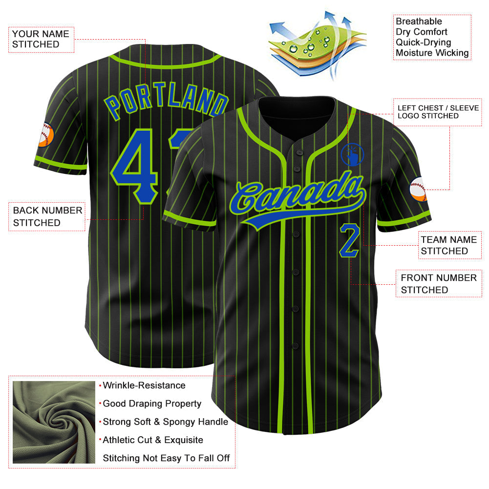Custom Black Neon Green Pinstripe Thunder Blue Authentic Baseball Jersey baseball jersey product view 3