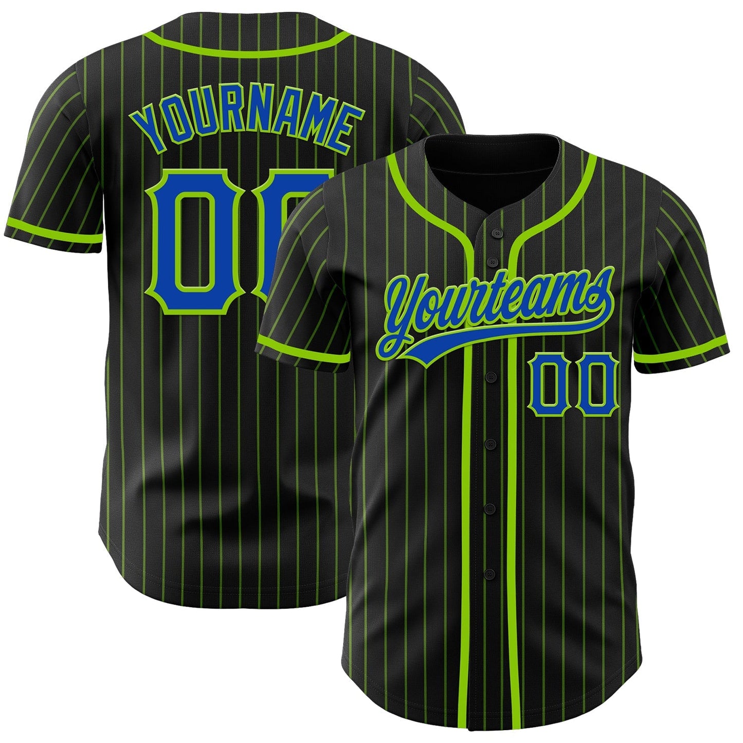 Custom Black Neon Green Pinstripe Thunder Blue Authentic Baseball Jersey baseball jersey product view 1