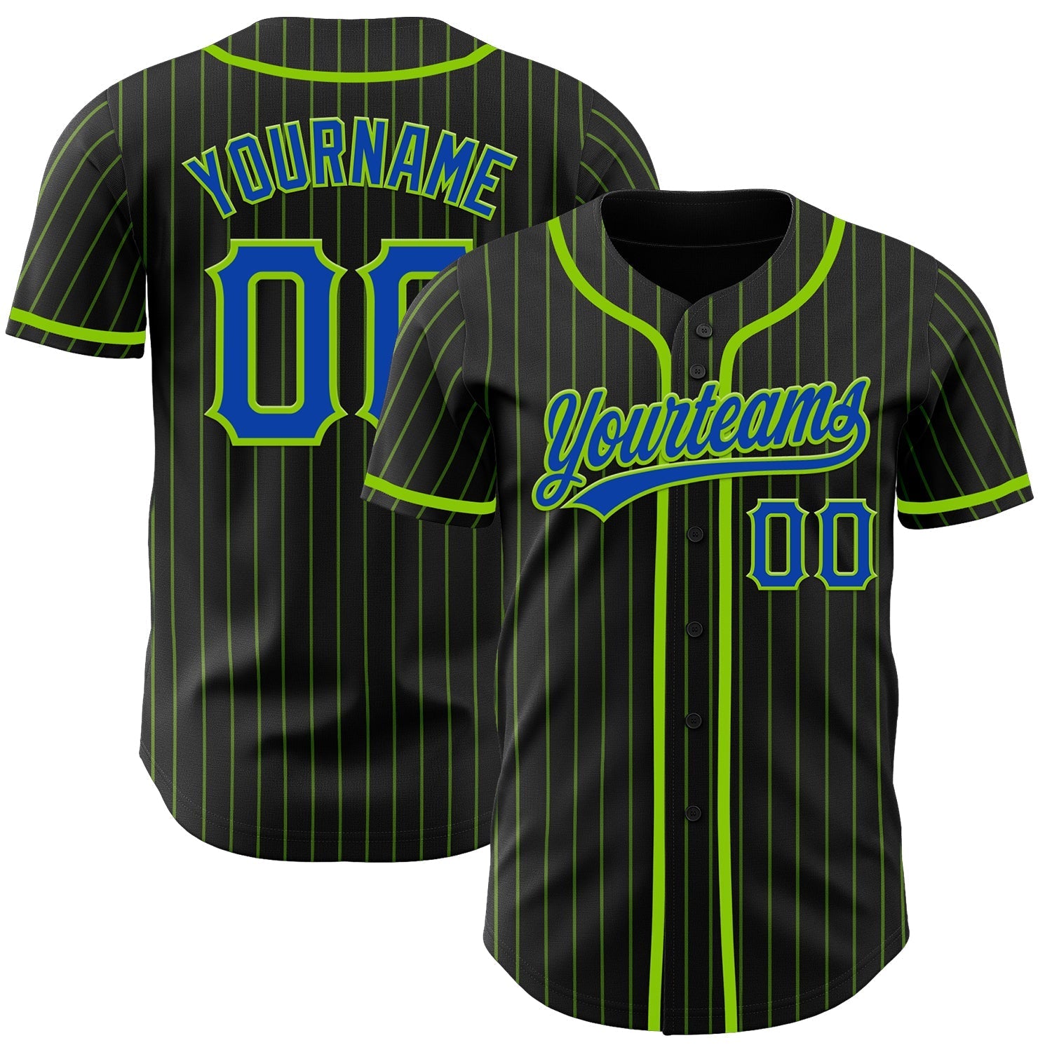 Custom Black Neon Green Pinstripe Thunder Blue Authentic Baseball Jersey baseball jersey product view 1