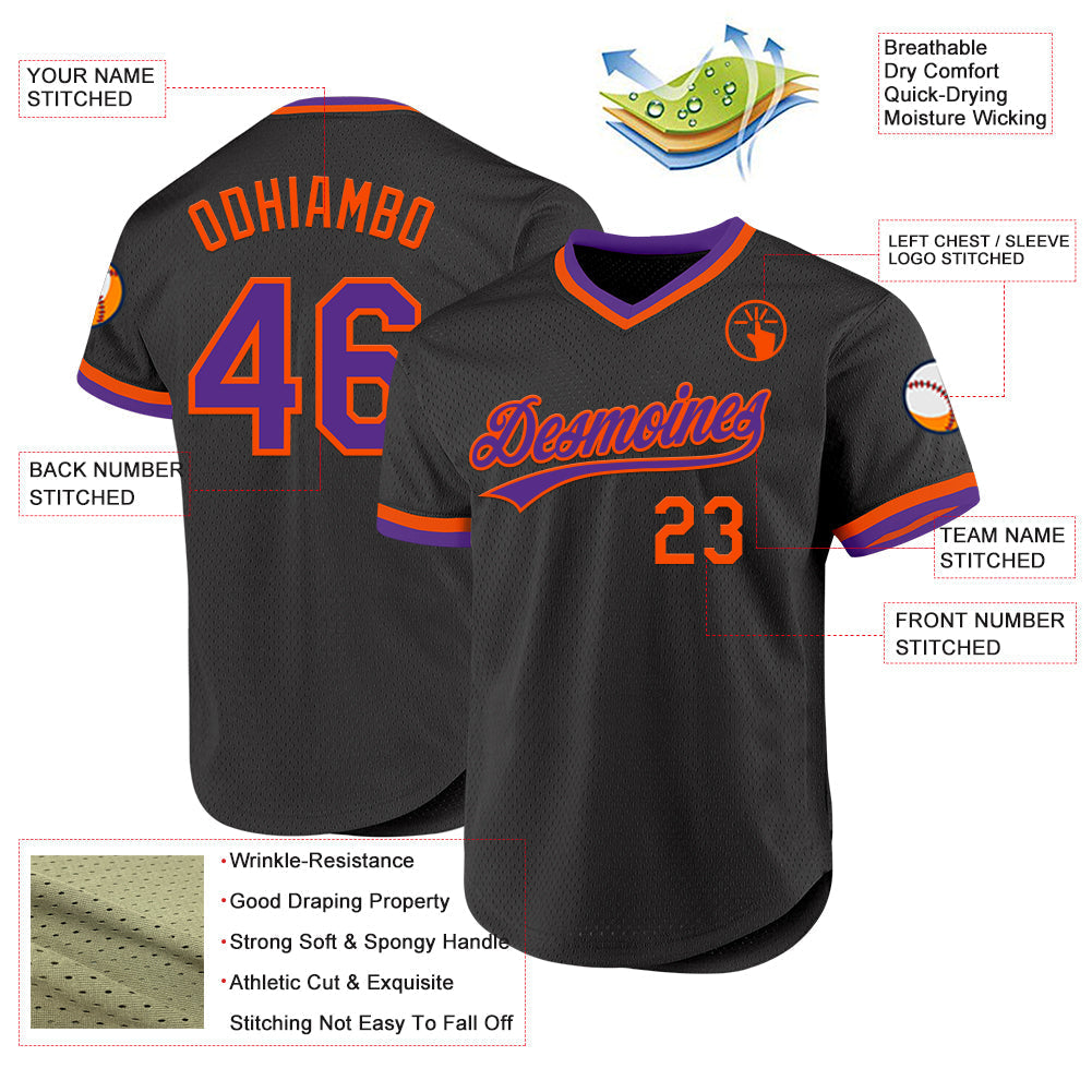 Custom Black Purple-Orange Authentic Throwback Baseball Jersey baseball jersey product view 3