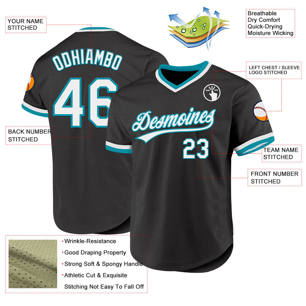 Custom Black White-Teal Authentic Throwback Baseball Jersey baseball jersey product view 3