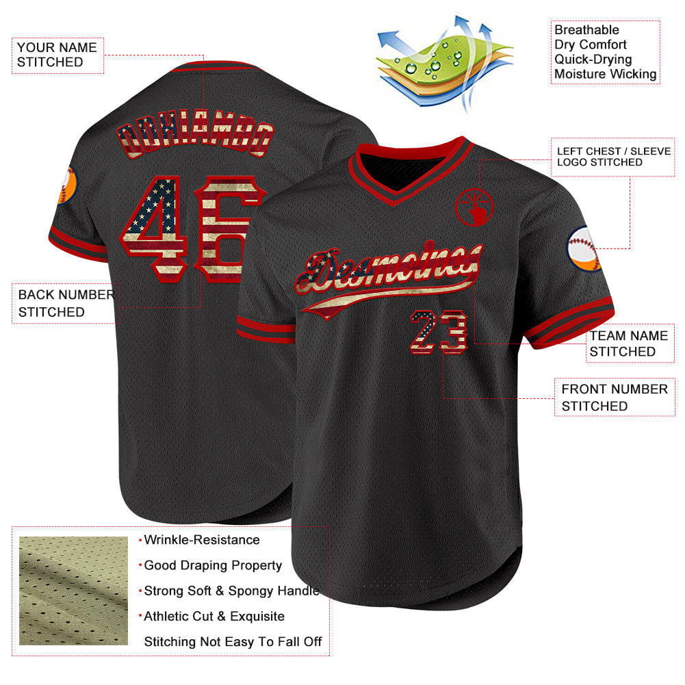 Custom Black Vintage USA Flag-Red Authentic Throwback Baseball Jersey baseball jersey product view 3