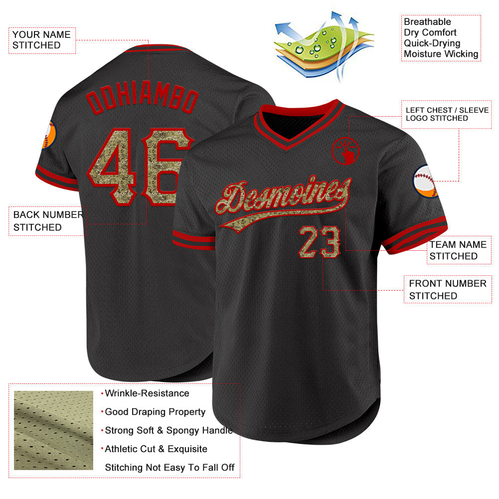 Custom Black Camo-Red Authentic Throwback Baseball Jersey baseball jersey product view 3