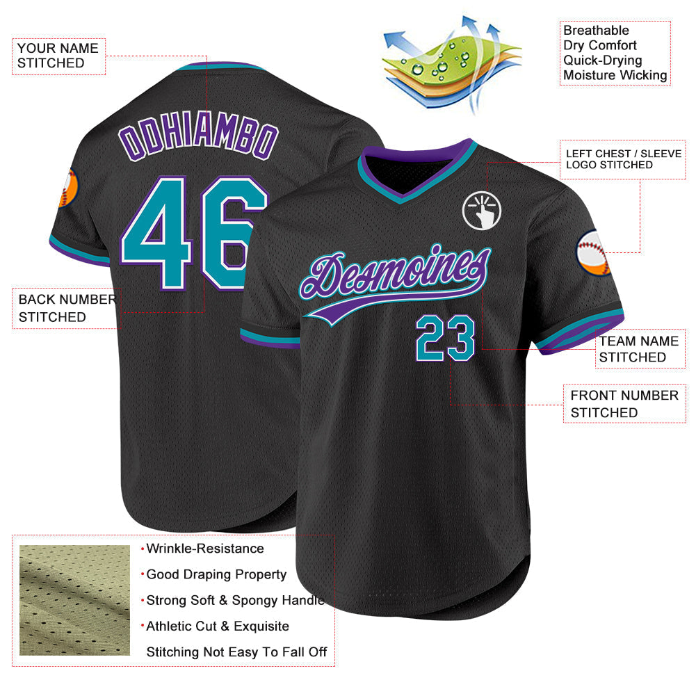 Custom Black Teal-Purple Authentic Throwback Baseball Jersey baseball jersey product view 3