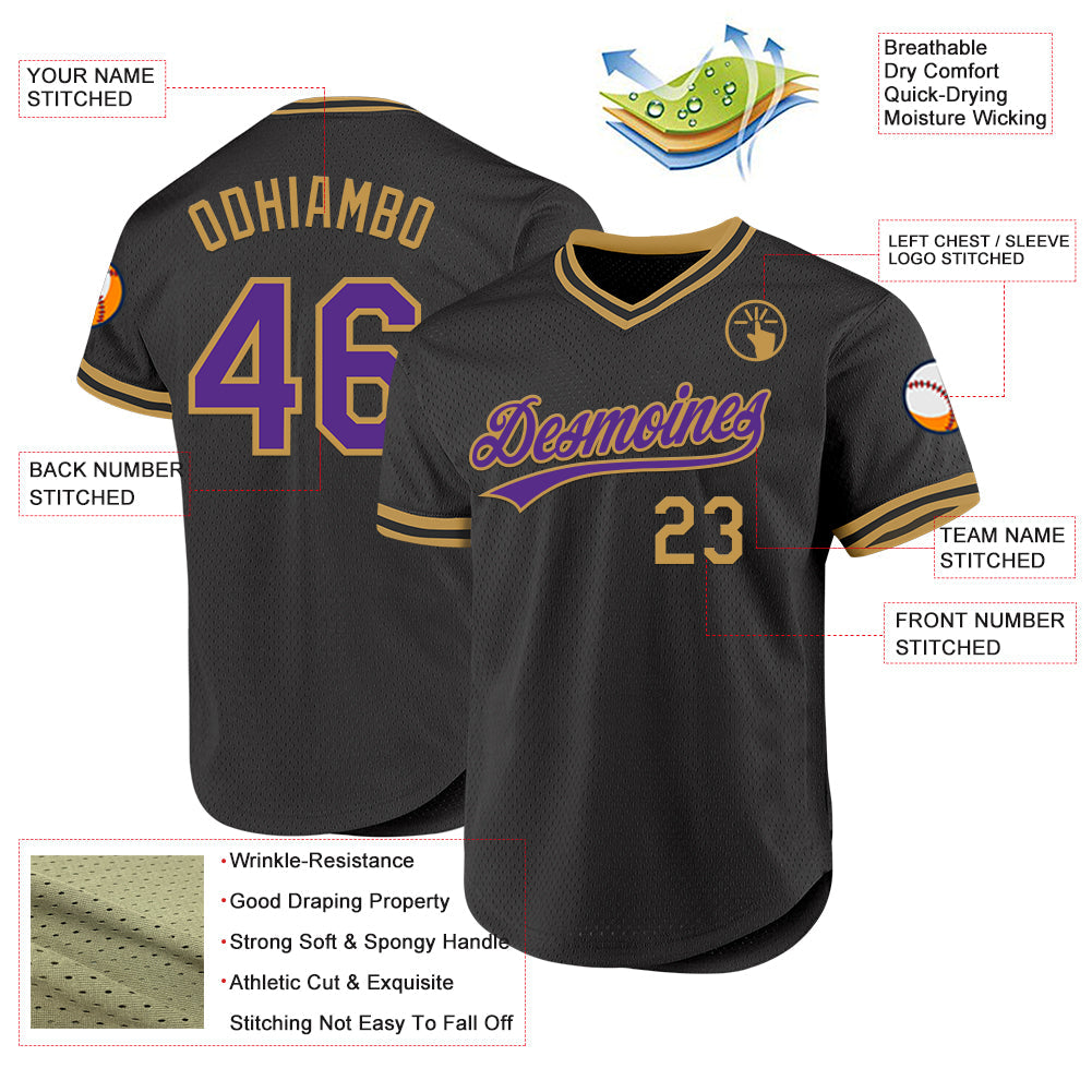 Custom Black Purple-Old Gold Authentic Throwback Baseball Jersey baseball jersey product view 3