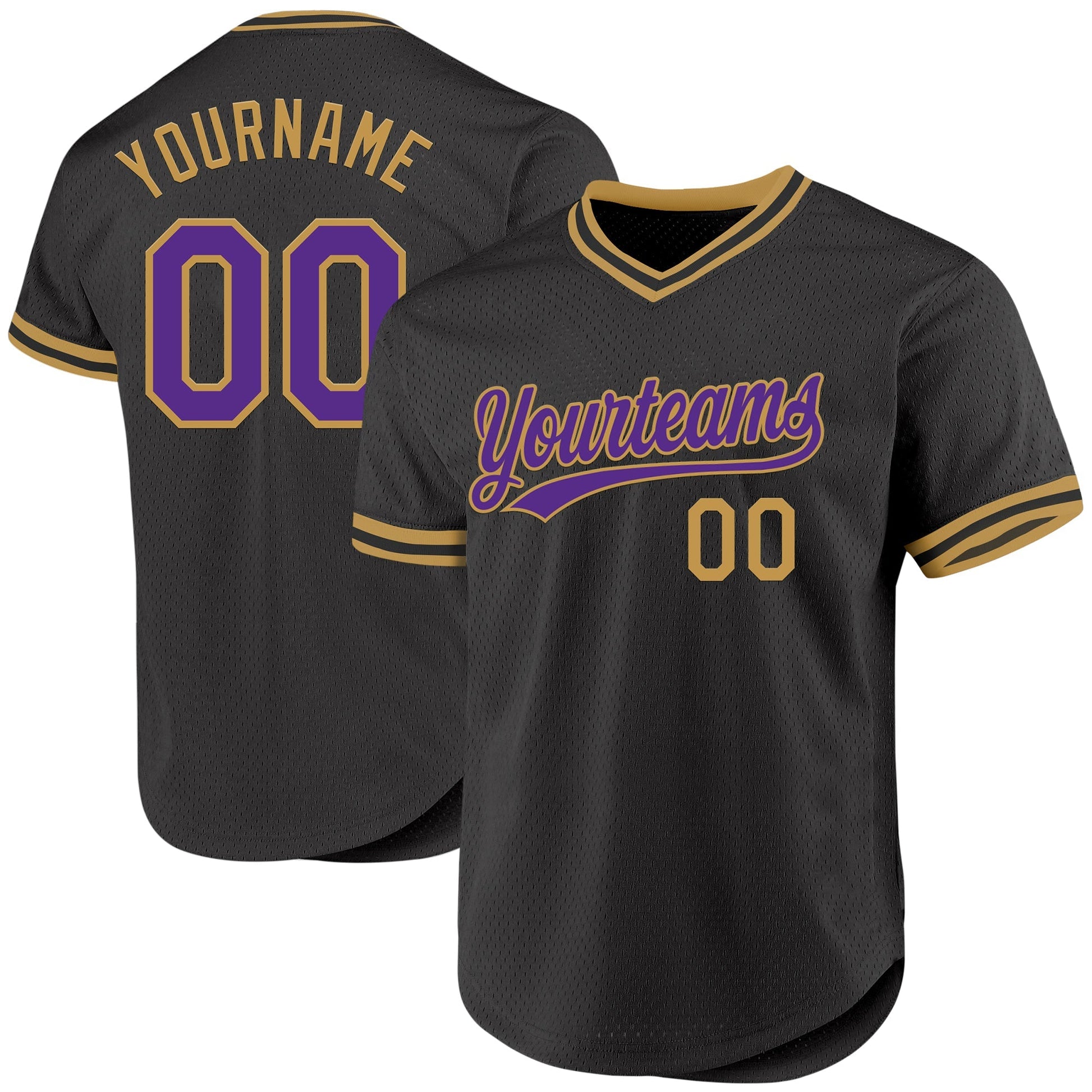 Custom Black Purple-Old Gold Authentic Throwback Baseball Jersey baseball jersey product view 1