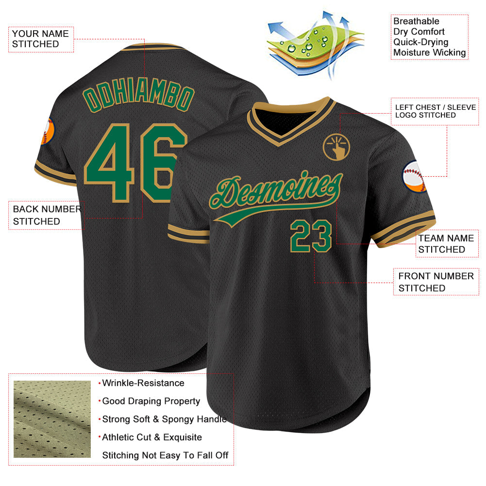 Custom Black Kelly Green-Old Gold Authentic Throwback Baseball Jersey baseball jersey product view 3