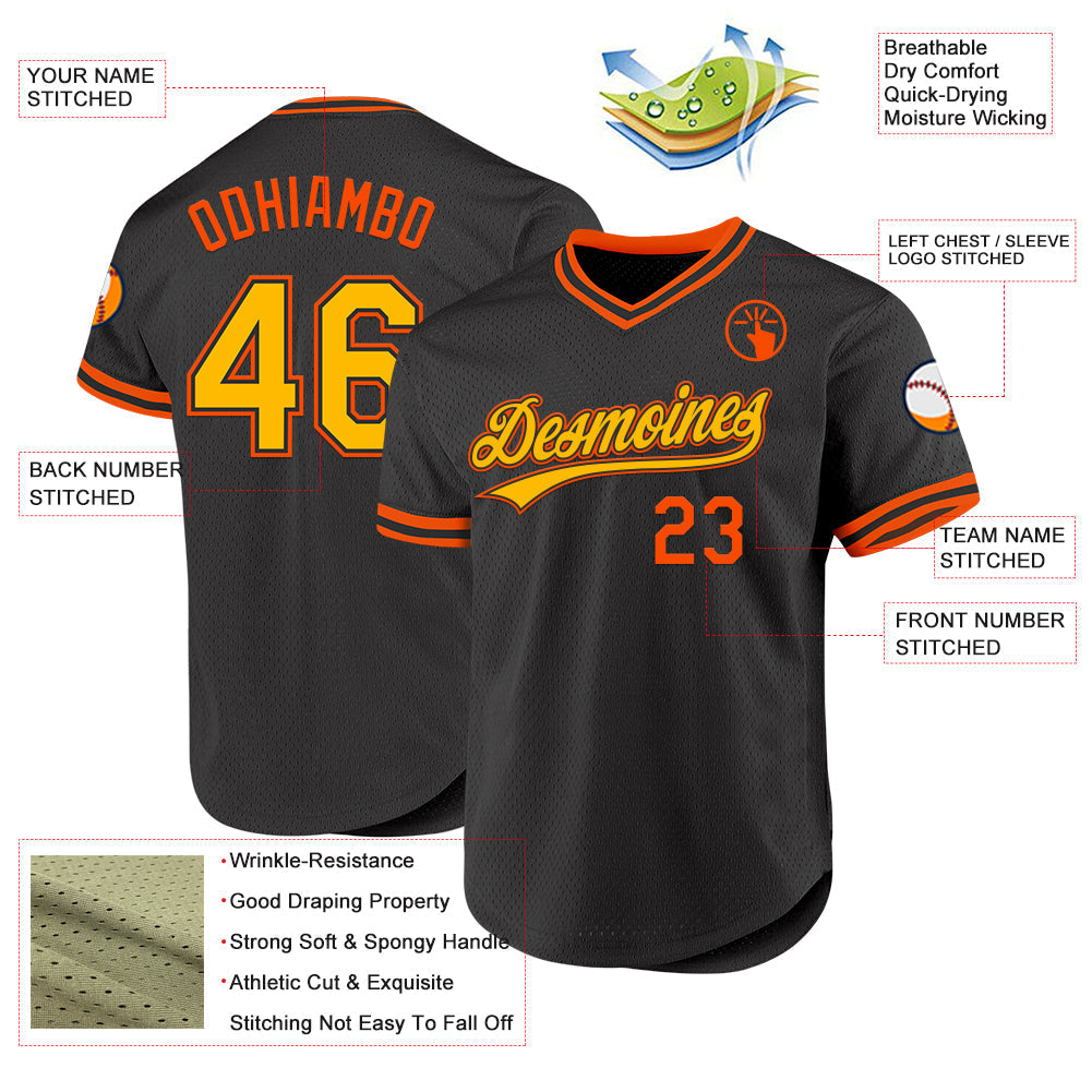 Custom Black Gold-Orange Authentic Throwback Baseball Jersey baseball jersey product view 3
