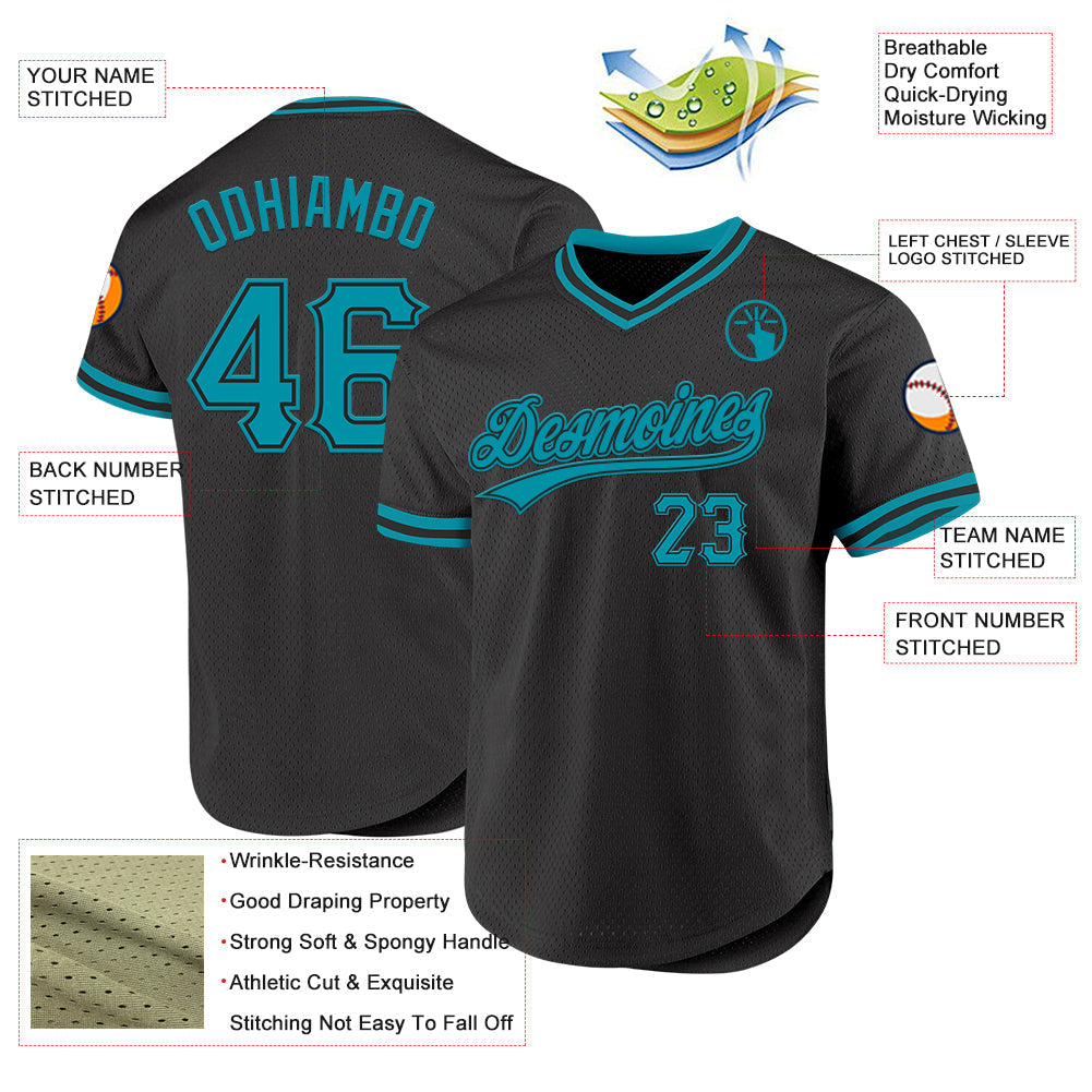 Custom Black Teal Authentic Throwback Baseball Jersey baseball jersey product view 3