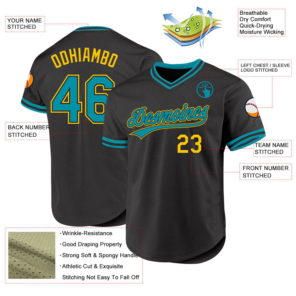 Custom Black Teal-Yellow Authentic Throwback Baseball Jersey baseball jersey product view 3