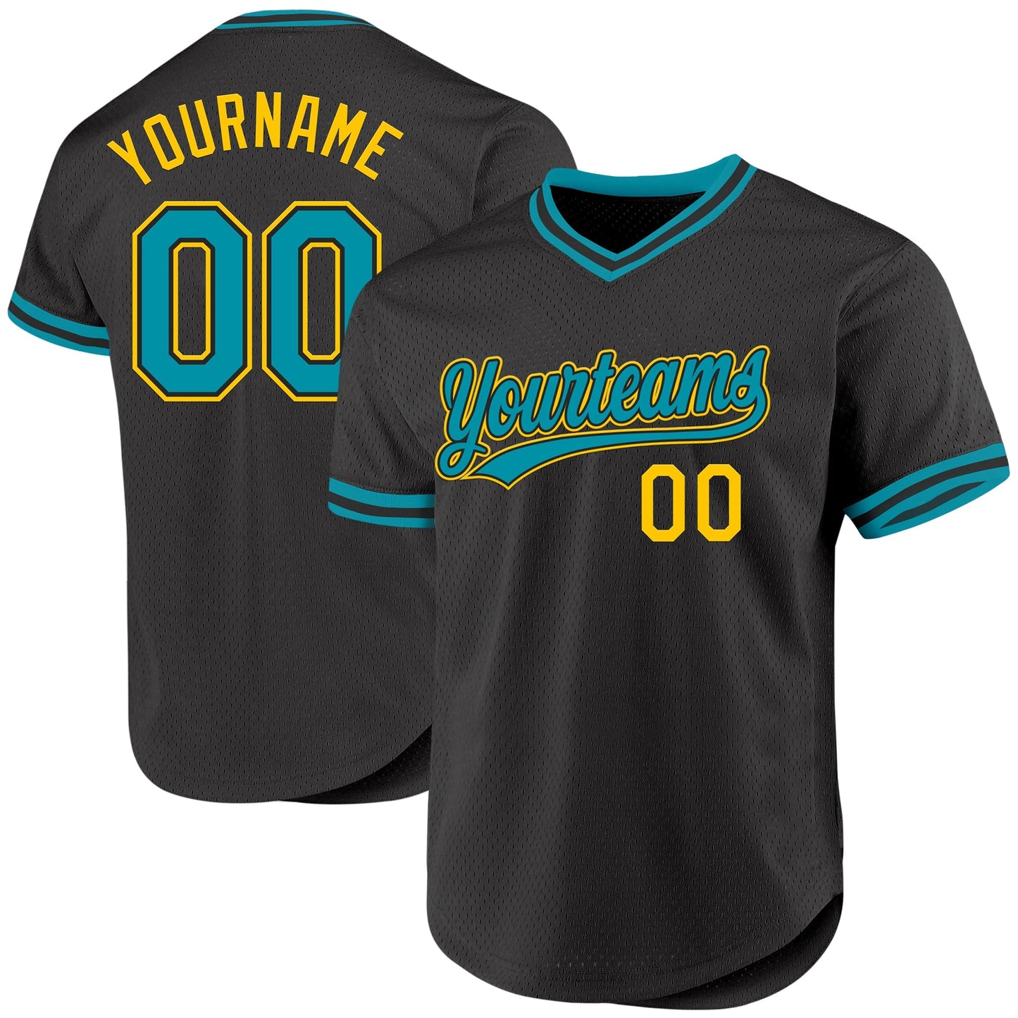 Custom Black Teal-Yellow Authentic Throwback Baseball Jersey baseball jersey product view 1