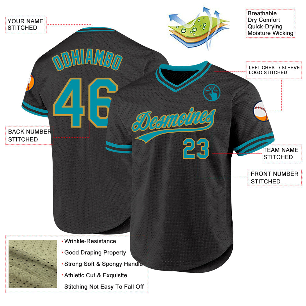Custom Black Teal-Old Gold Authentic Throwback Baseball Jersey baseball jersey product view 3