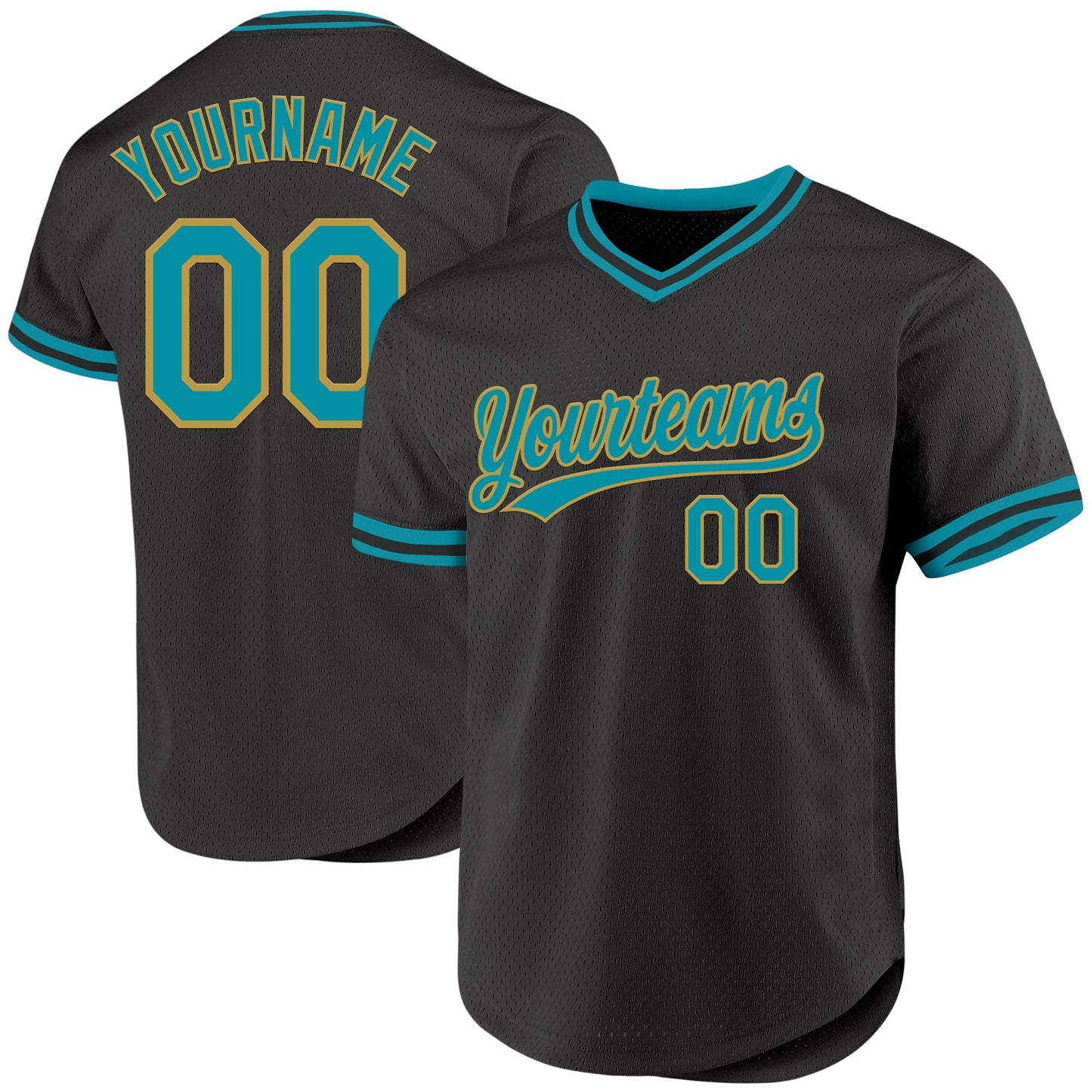 Custom Black Teal-Old Gold Authentic Throwback Baseball Jersey baseball jersey product view 1