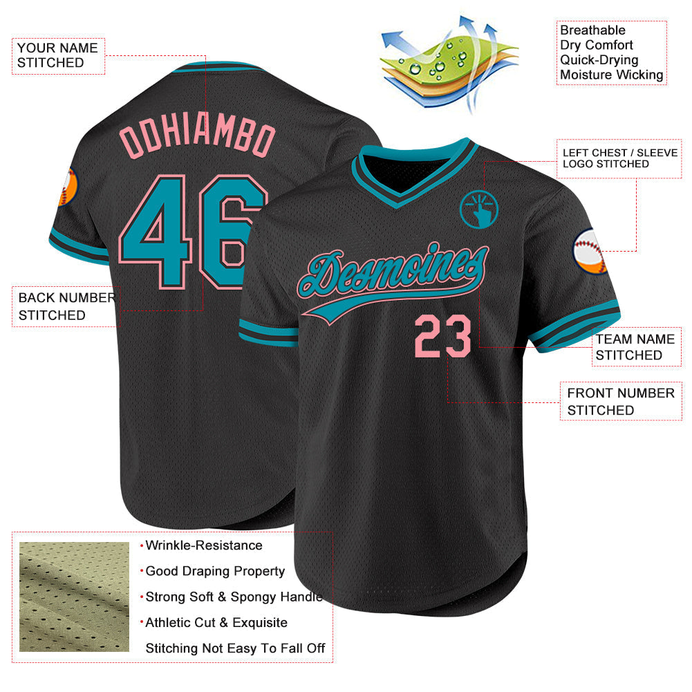 Custom Black Teal-Medium Pink Authentic Throwback Baseball Jersey baseball jersey product view 3